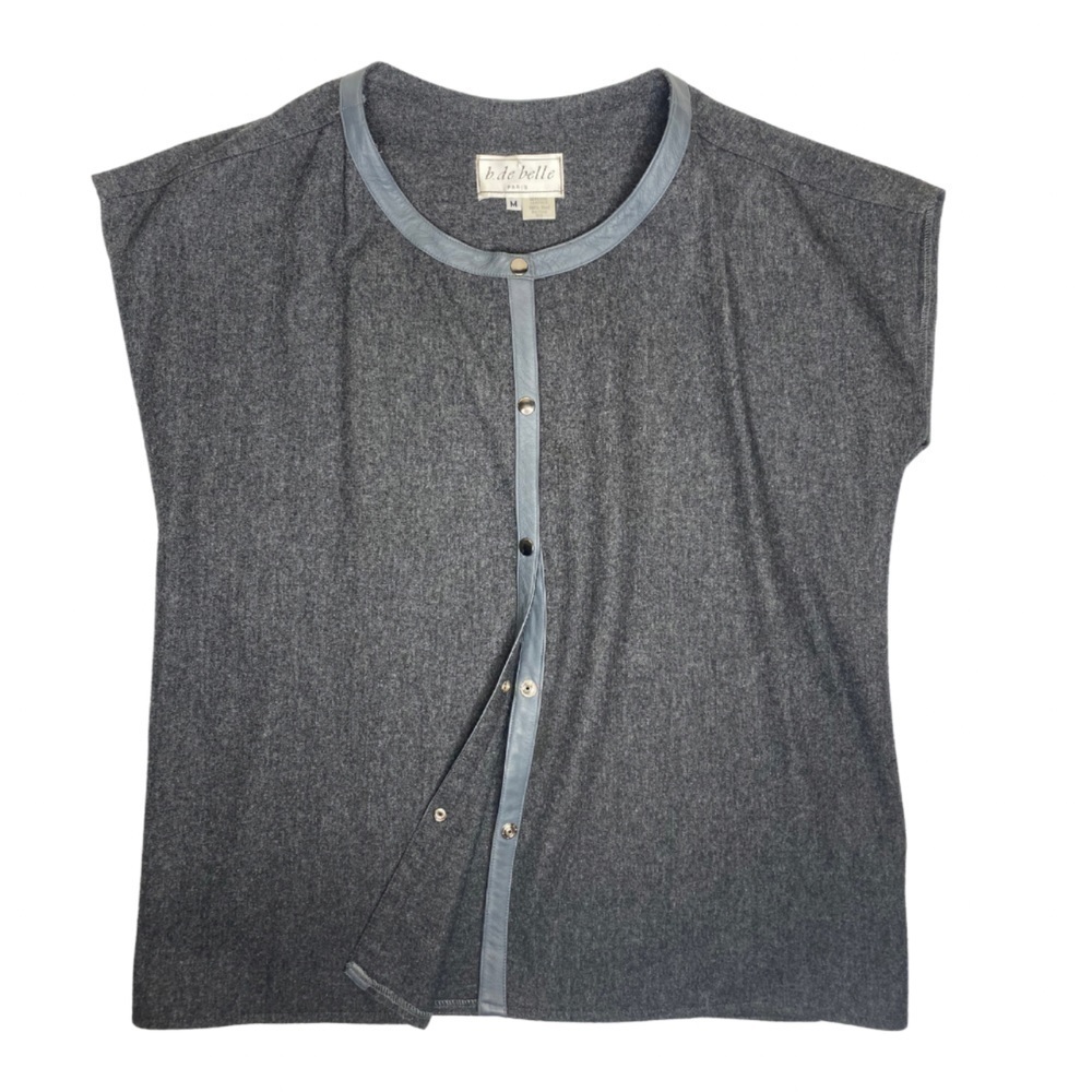 Vintage Minimalist Wool Leather Trimmed Gray Cap Sleeve Top Sz med EUC